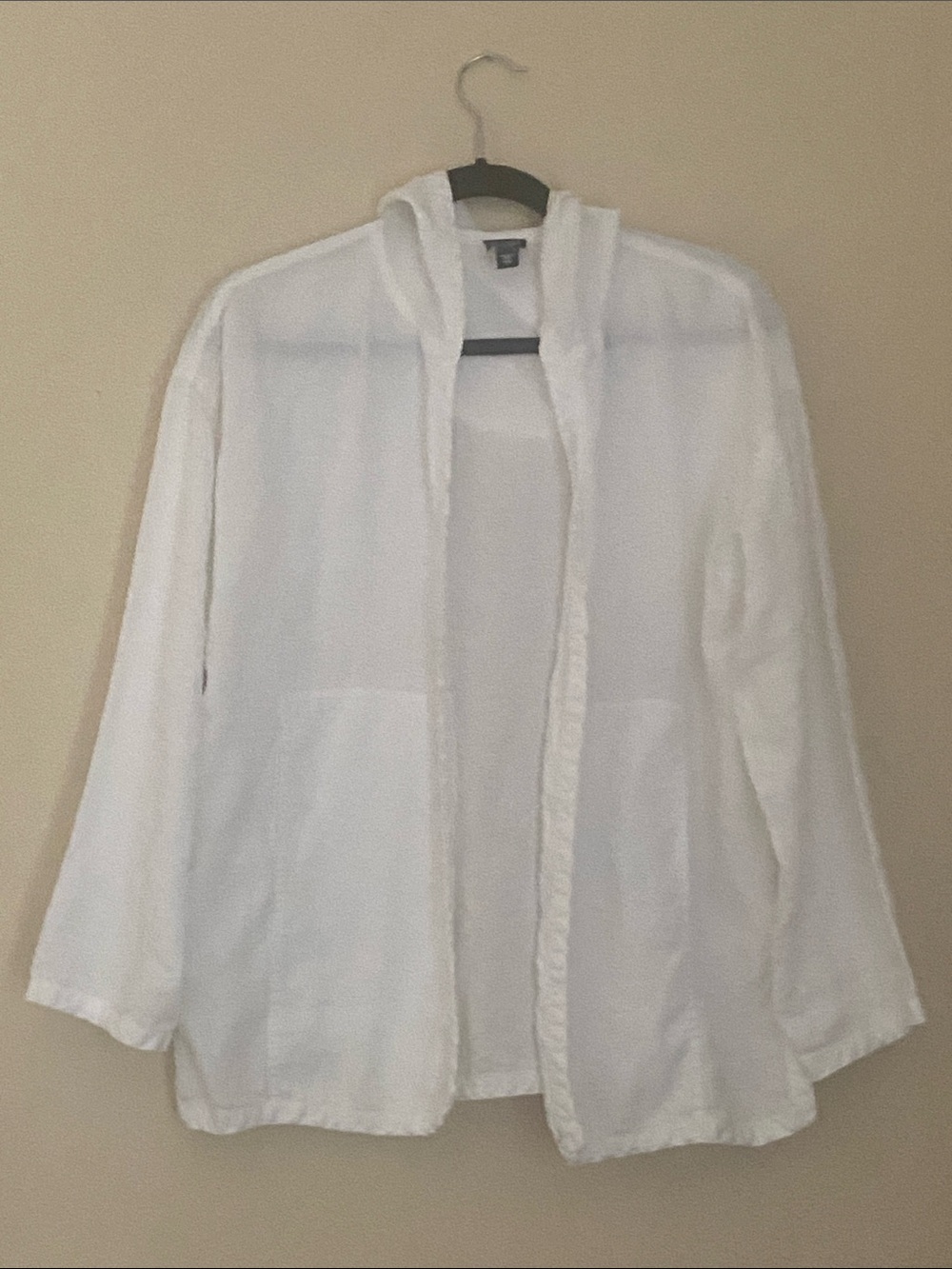Eileen Fisher Linen White Open Front Hooded Jacket, Size Medium Petite
